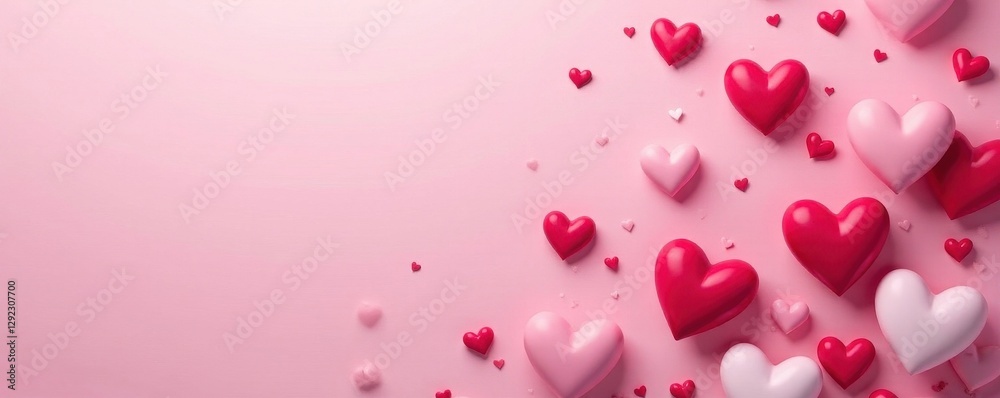 Scattered red, pink, and white hearts on soft pink background , background texture, graphics Scattered red, pink, and white hearts on soft pink background , background texture, graphics