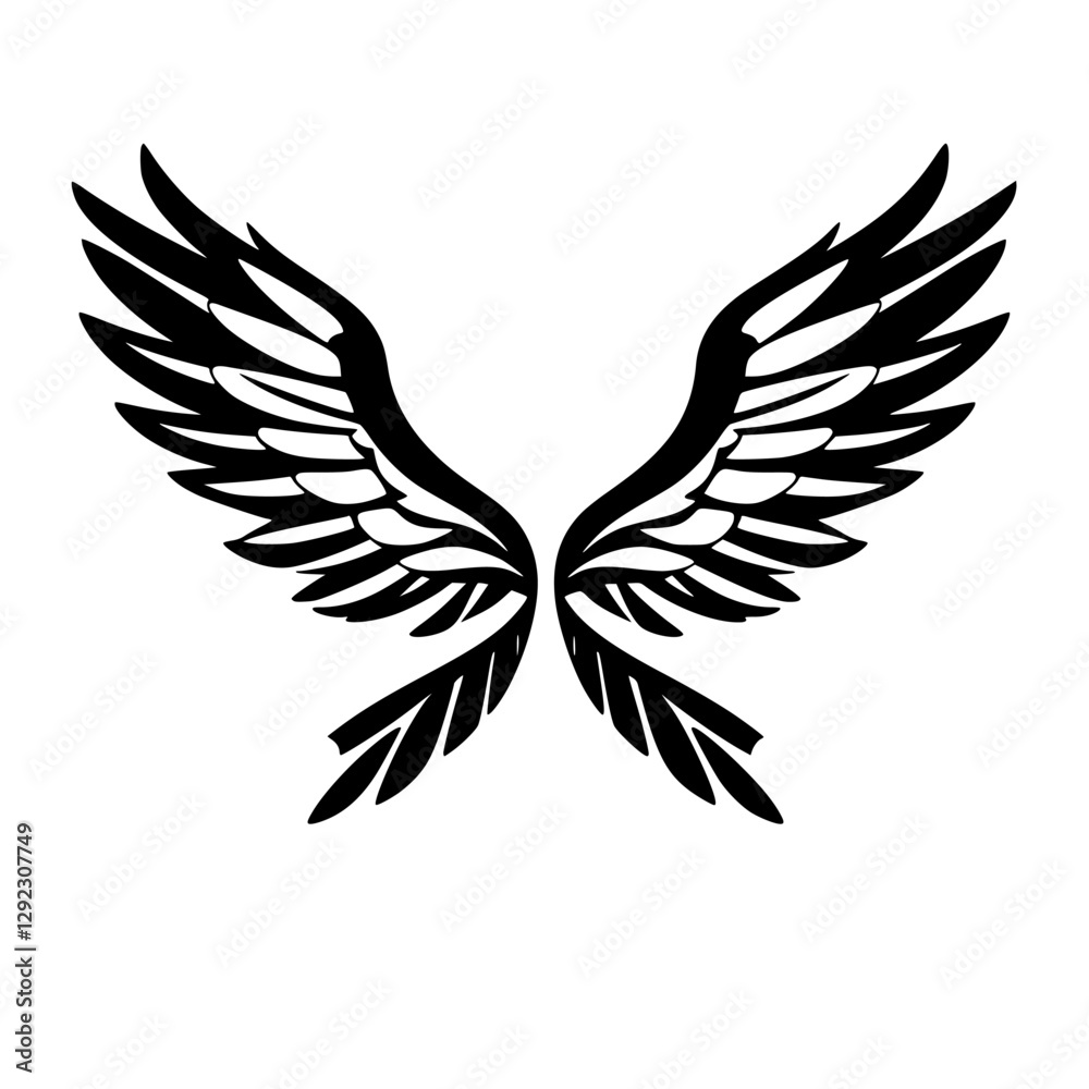 Obraz premium Black and White Illustration of Angel Wings, in a symmetrical, spread-out position, with intricate detailing.