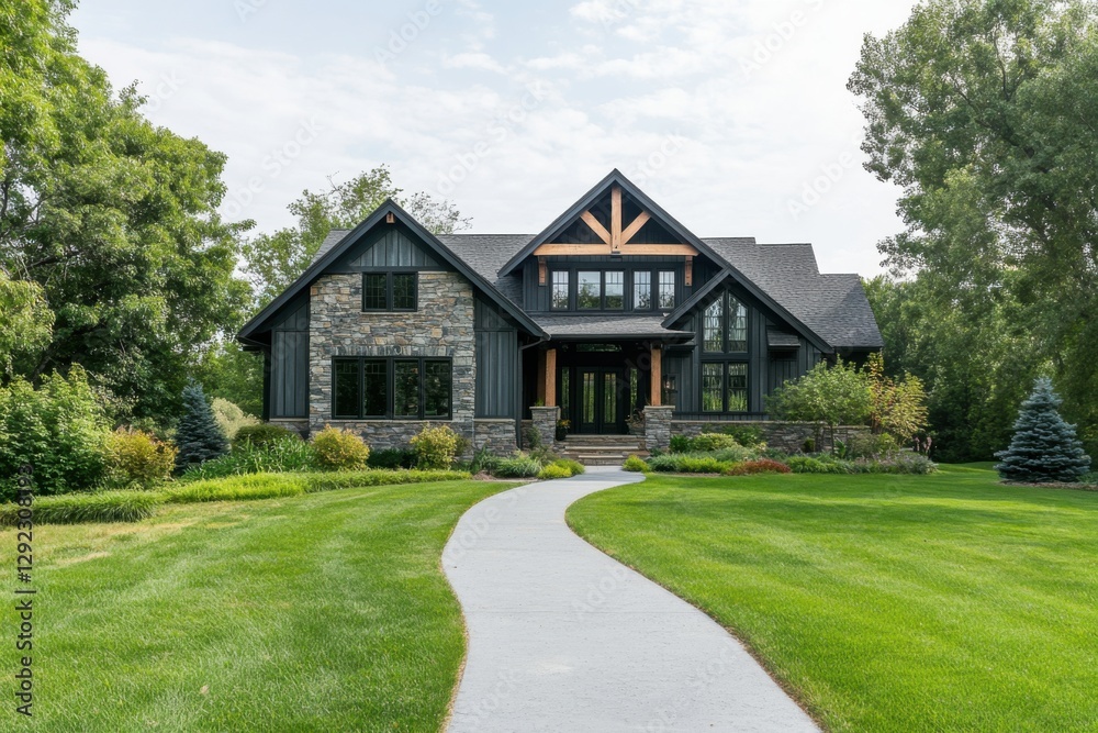 Modern architectural design featuring a black and stone house with a spacious lawn and pathway surrounded by lush greenery in a serene neighborhood setting Modern architectural design featuring a black and stone house with a spacious lawn and pathway surrounded by lush greenery in a serene neighborhood setting