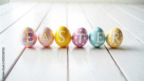 Colorful eggs with letters spelling Easter are lined up on a clean wooden floor, creating a festive atmosphere perfect for spring celebrations and decorations