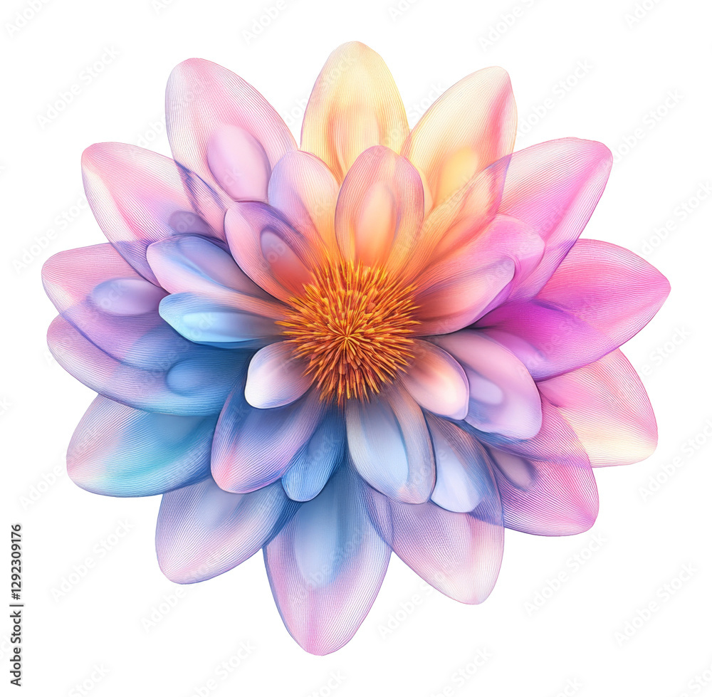 Fototapeta premium Colorful abstract flower with layered petals and vibrant hues, digital art on transparent background. Creativity and design inspiration concept