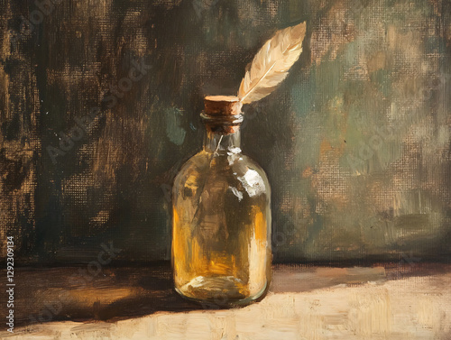 Moody vintage oil painting depicts glass bottle dried lavender creates atmospheric still life showcases rustic elegance enhances warm nostalgic aesthetic,wall,art,decor,print,casual,vintage,retro