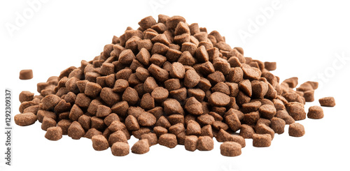 Pile of brown dry cat food kibble on transparent background. Pet nutrition and feeding concept