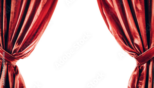 Elegant red velvet theater curtains parted and tied with ornate tassels, creating a dramatic stage entrance. Performance and luxury decor concept