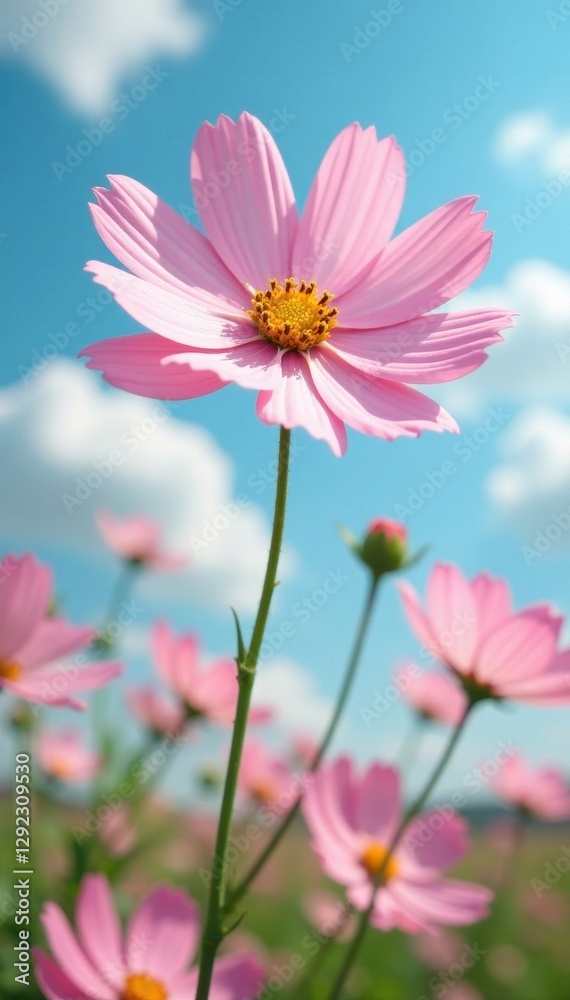 Fluffy pink and white cosmos petals sway gently in a clear summer sky , outdoor, pretty Fluffy pink and white cosmos petals sway gently in a clear summer sky , outdoor, pretty