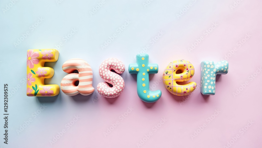 Naklejka premium Colorful letters spelling Easter are arranged on a pink and blue background showcasing vibrant designs. The playful decorations make it appealing for spring celebrations and holiday promotions
