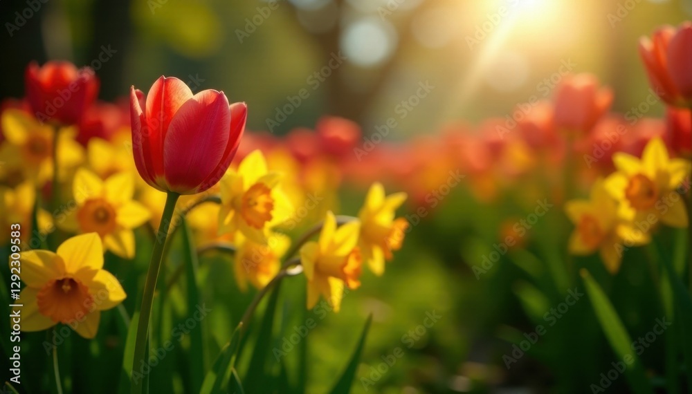 Vibrant tulips and daffodils bloom in a lush spring garden , field, daffodils, day Vibrant tulips and daffodils bloom in a lush spring garden , field, daffodils, day