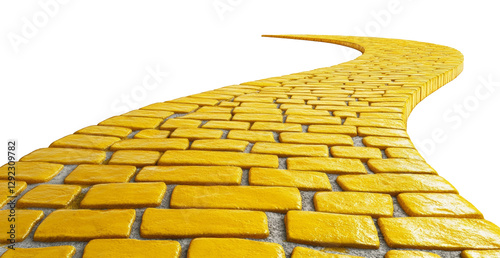 Curving yellow brick road with textured surface disappearing into the horizon. Journey and adventure concept