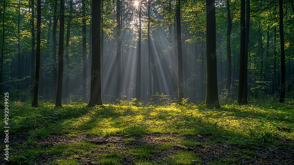 Fototapeta premium Sunbeams illuminating misty forest floor.