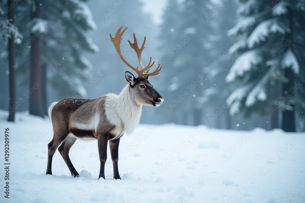 Delicate gray snowflakes gently fall around a reindeer on a pristine white background, snowy forest, frosty landscape, calm scene Delicate gray snowflakes gently fall around a reindeer on a pristine white background, snowy forest, frosty landscape, calm scene