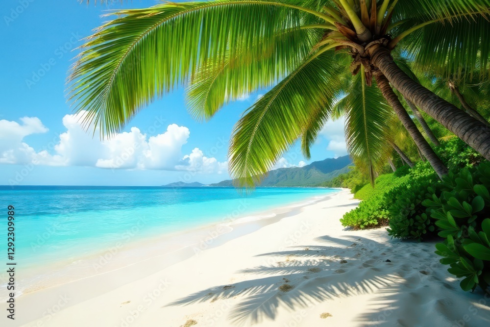 Obraz premium Lush palm fronds arch over pristine Hawaiian sand , sunset, tropical, sunrise