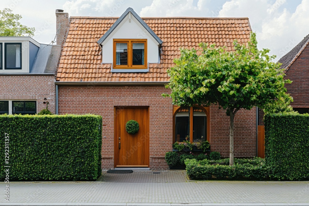 Obraz premium A delightful brick house adorned with a vibrant orange roof is nestled amidst lush greenery, offering a serene setting in a peaceful neighborhood during the daytime