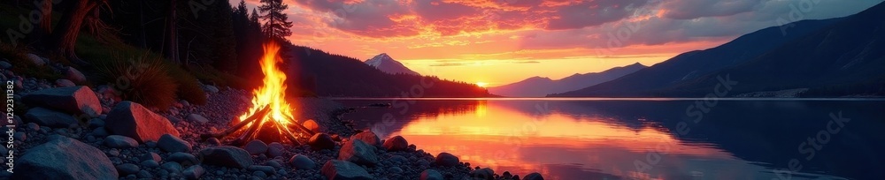 Sunset paints sky, campfire crackles on rocky shore, tranquil lake mirrors flames , reflection, stillness Sunset paints sky, campfire crackles on rocky shore, tranquil lake mirrors flames , reflection, stillness