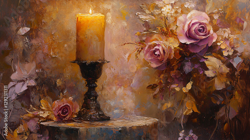 Moody vintage oil painting depicts antique candle holder with dried roses creates warm nostalgic still life evokes classical elegance enhances old world aesthetic,glow,wall,art,print,bold,abstract