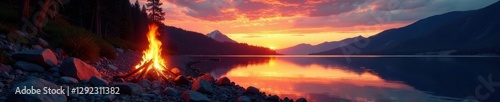 Sunset paints sky, campfire crackles on rocky shore, tranquil lake mirrors flames , reflection, stillness