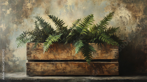 Rustic wooden crate holds lush fern leaves moody vintage oil painting showcases warm nostalgic botanical scene enhances antique decor aesthetic evokes timeless charm,wall,art.print,decor,garden,rustic