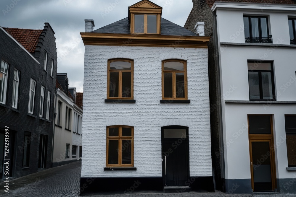 Obraz premium Modern white and black house with wooden accents in a quaint street, showcasing unique architectural design and contrasting colors against an overcast sky