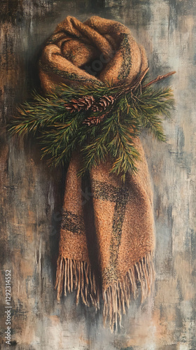 Wool scarf drapes cedar sprigs moody vintage oil painting showcases rustic winter aesthetic warm texture natural elements timeless seasonal elegance soft fabric folds,decor,print,home,room,abstract