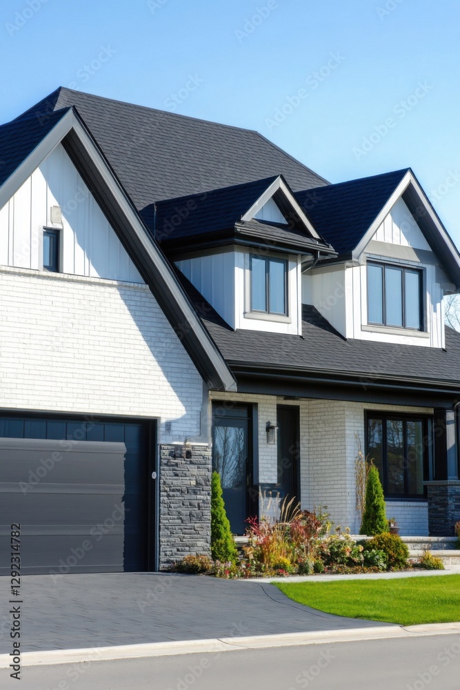 Stylish modern house with a brick and stone facade located in a suburban neighborhood amid well-kept gardens on a clear sunny day Stylish modern house with a brick and stone facade located in a suburban neighborhood amid well-kept gardens on a clear sunny day