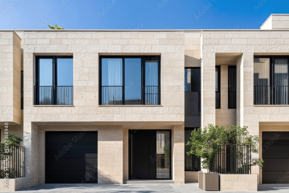 Modern residential building with sleek design and minimalist architecture in bright daylight, showcasing large windows and natural stone facade