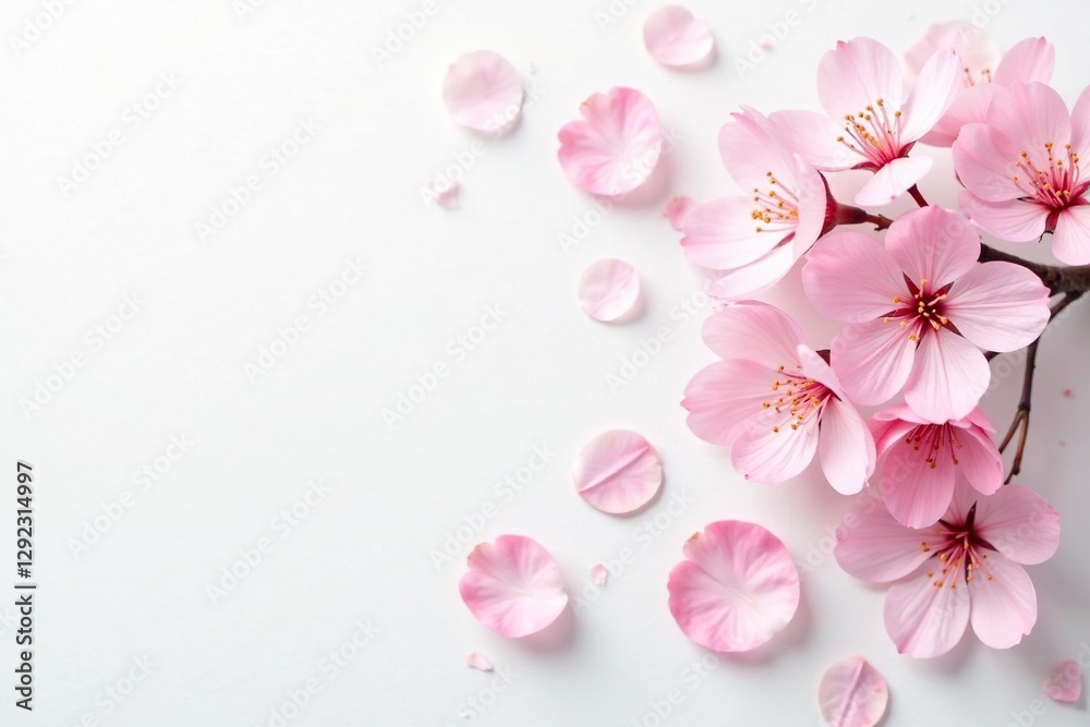 Soft pink cherry blossom petals scattered on a crisp white background, minimalist, white, simple Soft pink cherry blossom petals scattered on a crisp white background, minimalist, white, simple