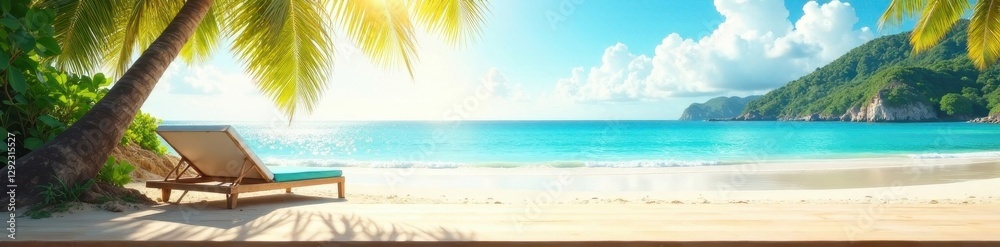 Sun-drenched beach scene on a clean, empty desk , blue, design, sky
