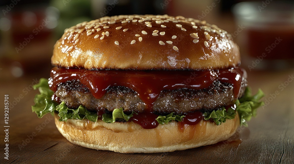 Close-up Gourmet Burger on Wooden Table with Condiments Close-up Gourmet Burger on Wooden Table with Condiments