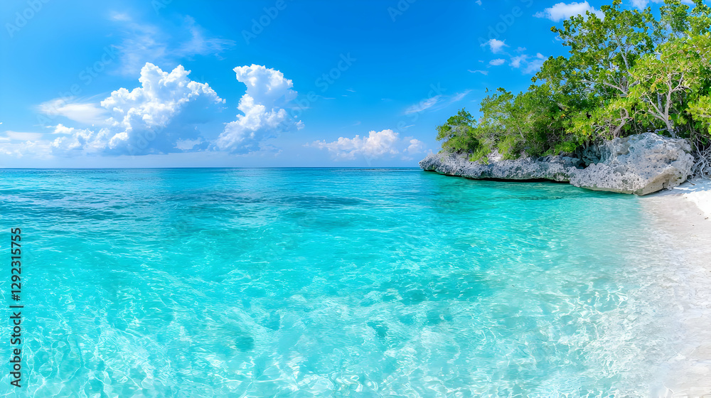 Fototapeta premium Tropical beach paradise, turquoise water, white sand, lush vegetation, sunny sky