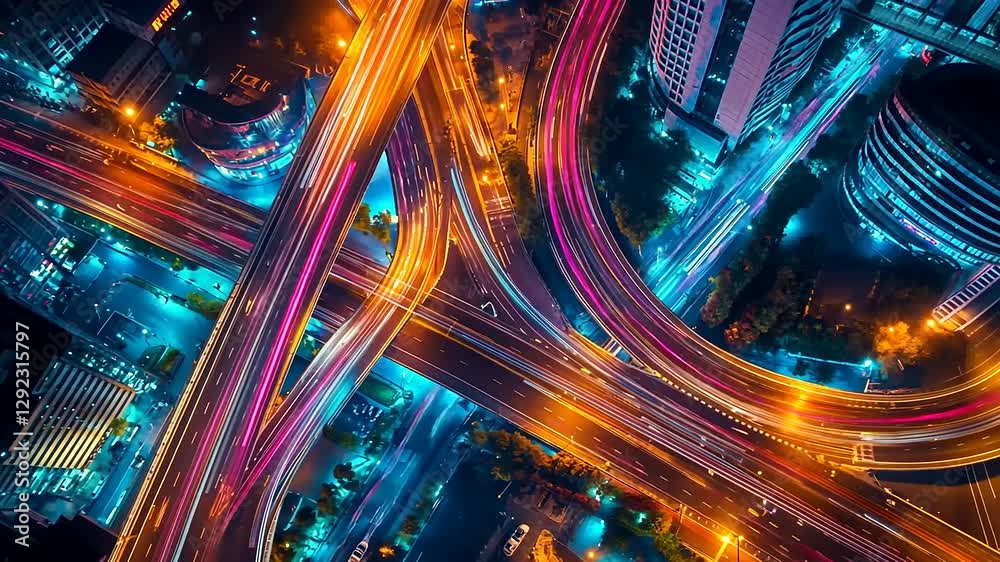 Aerial view of a vibrant city intersection illuminated by colorful lights at night.