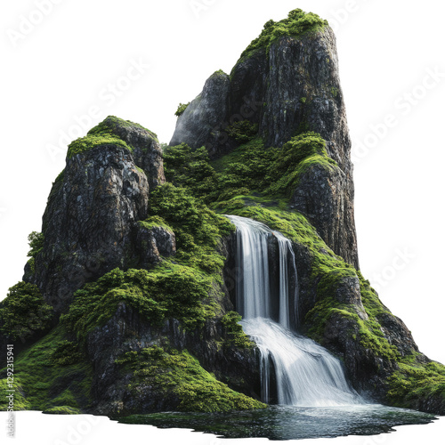 waterfall on a mountain with green moss, isolated against a white background