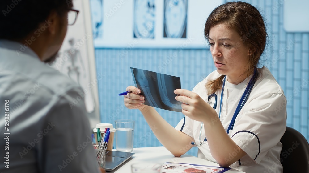Obraz premium Doctor and patient interaction in a medical consultation room, featuring a tablet screen with medical results and x ray diagnosis, Highlighting technology in healthcare industry. Camera A.