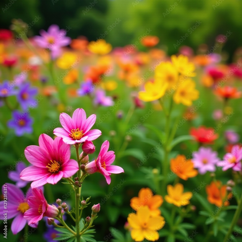 Colorful mixed-bloomed garden with columbines, , garden flowers, garden Colorful mixed-bloomed garden with columbines, , garden flowers, garden