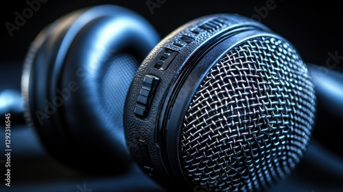 Close-up of headphones and microphone, dark studio setting photo