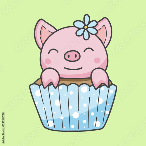 Cute cartoon Easter piglet cupcake design. Vector illustration