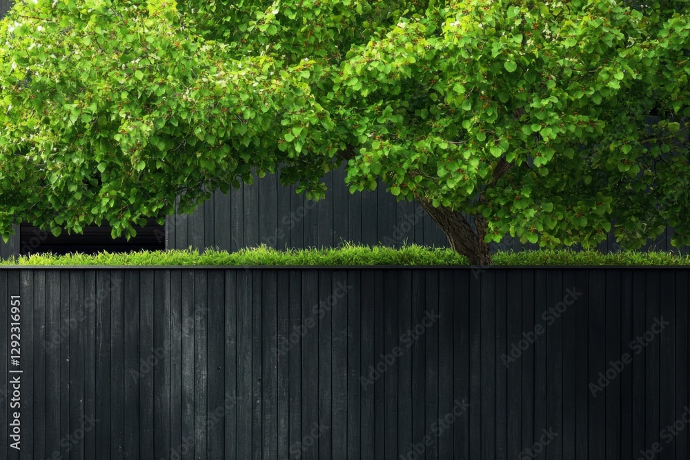 Fototapeta premium A vibrant, lush green tree stands proudly against a sleek black wooden fence, creating a tranquil atmosphere in a peaceful outdoor setting during the day