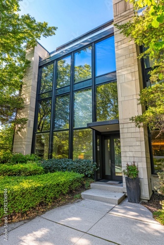 Wallpaper Mural This contemporary architectural masterpiece features a stunning glass-fronted home, beautifully nestled amid vibrant, lush greenery under a bright sunny sky Torontodigital.ca