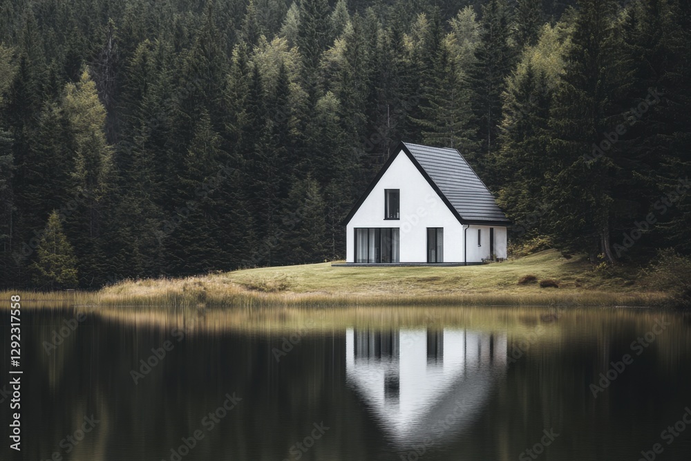 Fototapeta premium A contemporary cottage nestled by a tranquil lake, embraced by a lush forest, beautifully reflects the serene essence of nature in the soft light of early morning