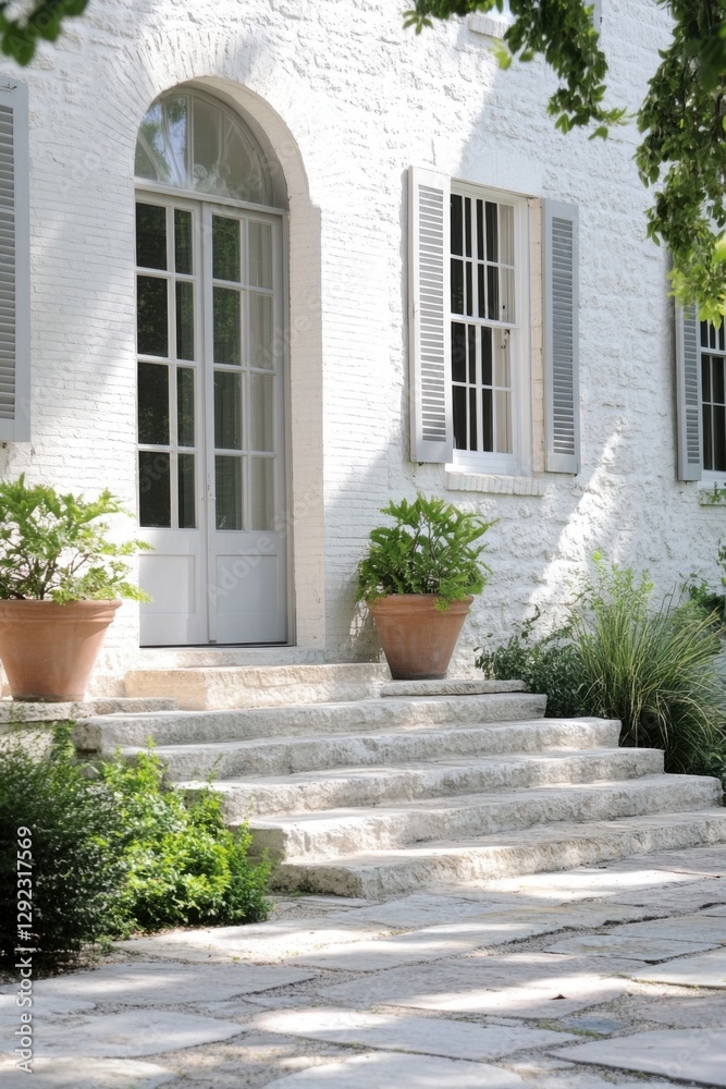 Elegant white house with stone steps and potted plants surrounded by lush greenery on a sunny day, creating a welcoming atmosphere Elegant white house with stone steps and potted plants surrounded by lush greenery on a sunny day, creating a welcoming atmosphere