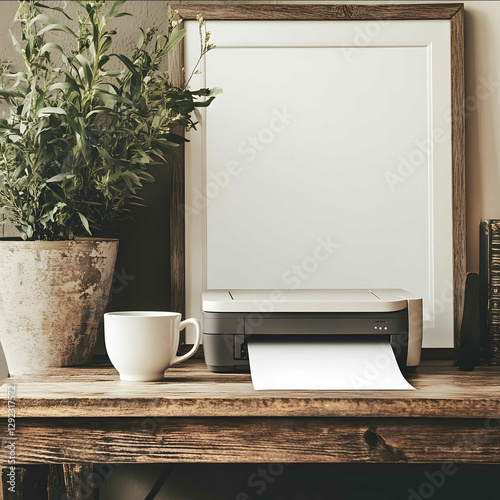a computer printer with a piece of blank white paper printed out sitting on an old wooden desk with a large white coffee cup on it and a large blank framed pict