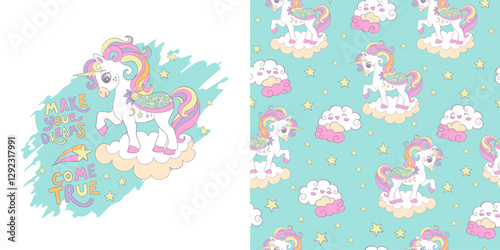Set with cute cartoon unicorn and background. Isolated character and seamless pattern. Vector illustration. For party, print, baby shower, wallpaper, design, design cushion, linen, dishes and clothes