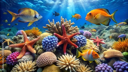 Vibrant Coral Reef Scene with Fish and Starfish