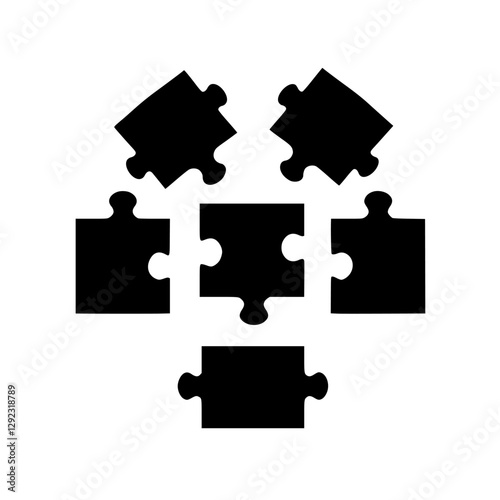 Arrangement of six black puzzle pieces on a white background, with the central piece surrounded by others, each one a different shape.