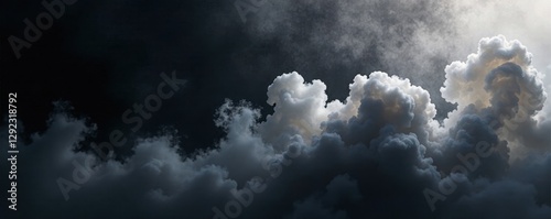 Dense gray smoke billows across a textured black watercolor backdrop , powerful, rich, bold