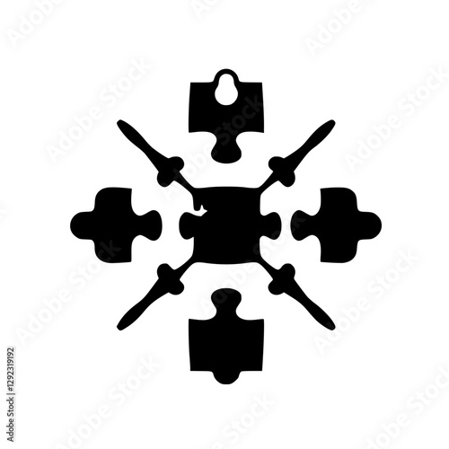 Black and white arrangement of puzzle pieces forming a snowflake.