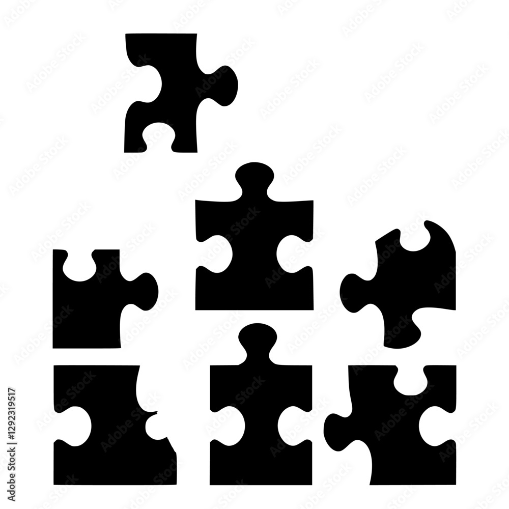 Black jigsaw puzzle pieces scattered on a white background, forming a partially completed, abstract shape, showcasing a minimalistic aesthetic. Black jigsaw puzzle pieces scattered on a white background, forming a partially completed, abstract shape, showcasing a minimalistic aesthetic.