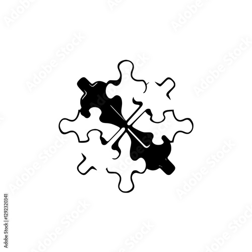Black and White Image of six-piece puzzle pieces converging at the center, with a snowflake-like formation, set against a white background.