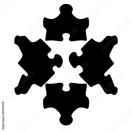 Abstract black and white composition of four jigsaw puzzle pieces forming a cross shape.