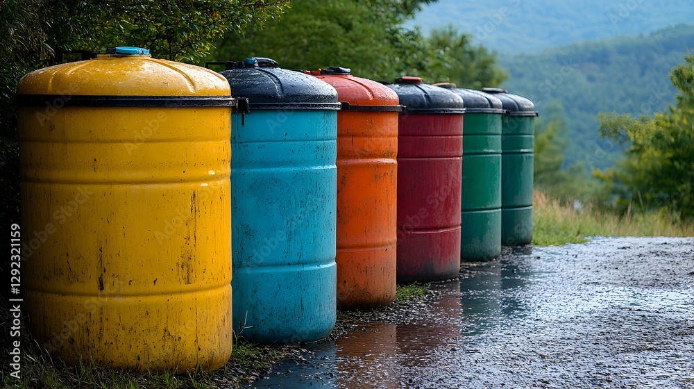 Colorful Recycling Bins Along Mountain Path Colorful Recycling Bins Along Mountain Path