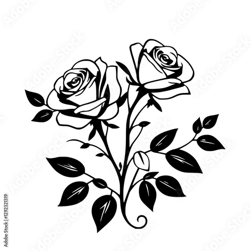 Black and White Rose Bouquet: Illustration of elegant roses and leaves on a white backdrop.