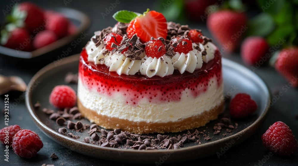 Panna cotta with a glossy raspberry topping, chocolate mousse with whipped cream and chocolate shavings, and creamy strawberry cheesecake with fresh strawberriesa Panna cotta with a glossy raspberry topping, chocolate mousse with whipped cream and chocolate shavings, and creamy strawberry cheesecake with fresh strawberriesa